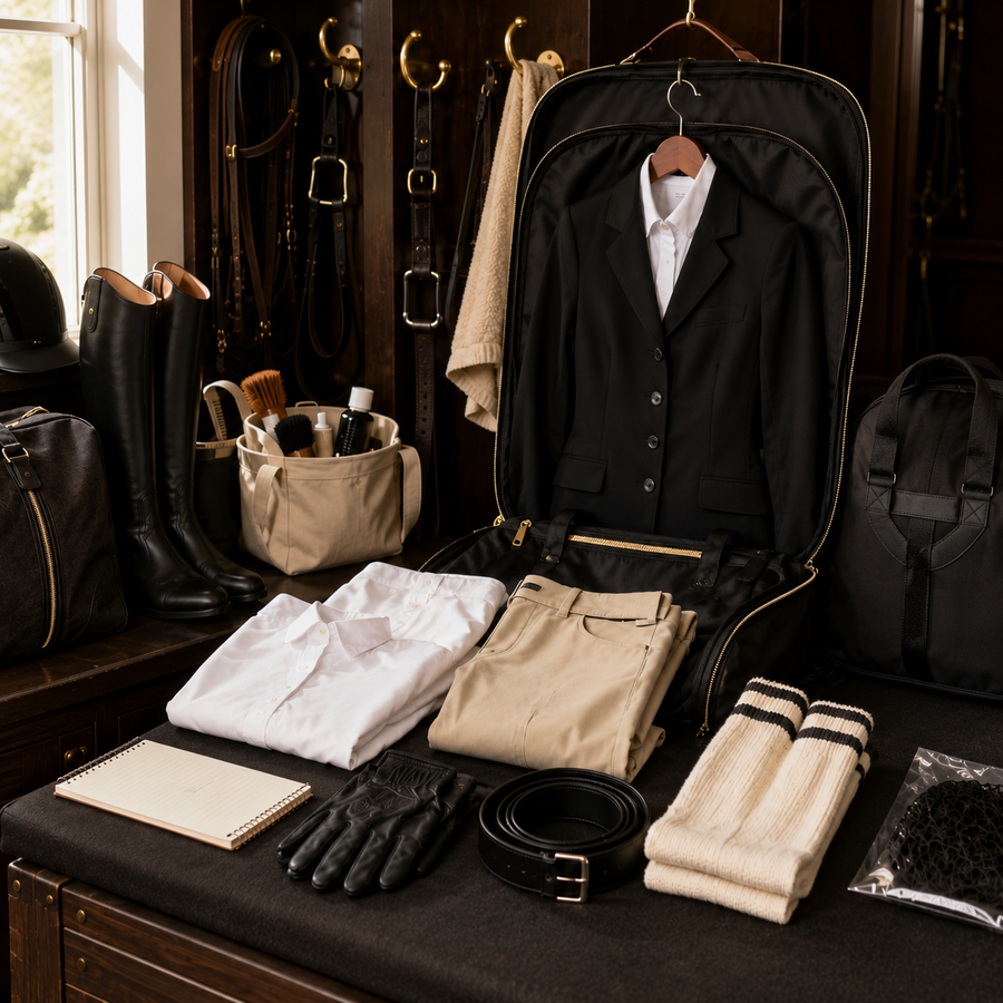 Organized horse show clothes, helmet, boots, gloves, and grooming supplies in tack room