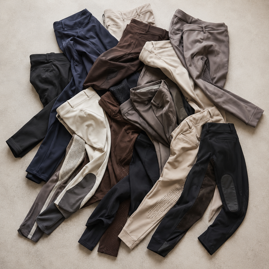Pile of riding breeches, leggings, and riding tights in neutral colors for a complete equestrian breeches guide