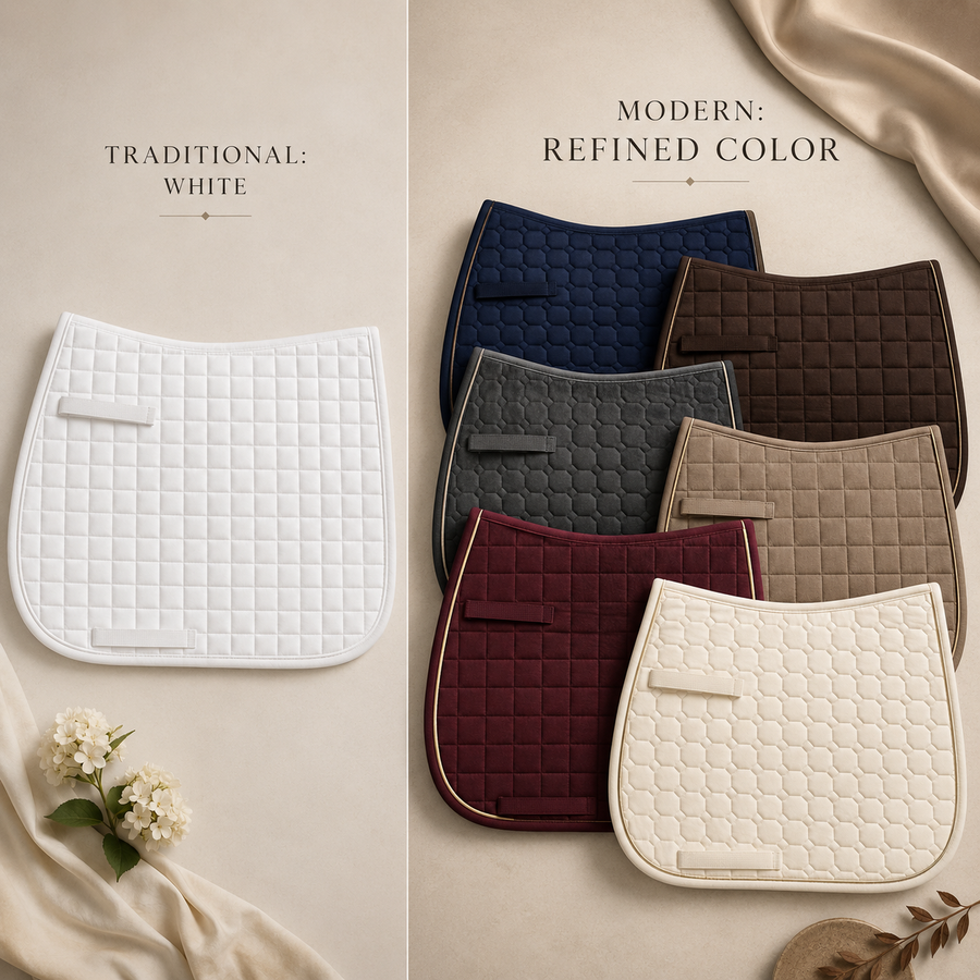 Image 1 Alt Text: Traditional white dressage saddle pad compared with modern refined color options, including navy, chocolate brown, charcoal, taupe, burgundy, and cream saddle pads.