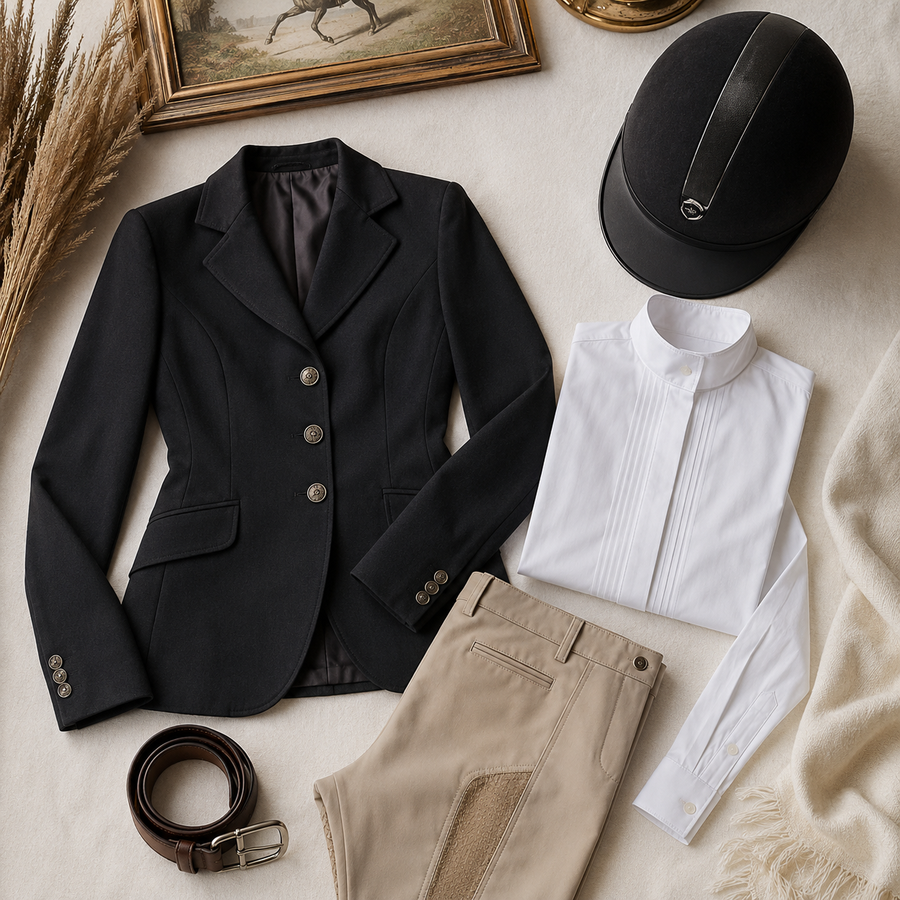 Classic hunter jumper outfit mood board featuring show coat, white shirt, tan breeches, helmet, and belt