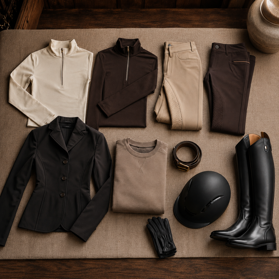 Neutral equestrian capsule wardrobe with riding tops, breeches, jacket, helmet, and boots