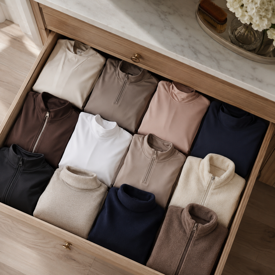 Equestrian base layers folded in a drawer with different fabric weights for summer and winter riding